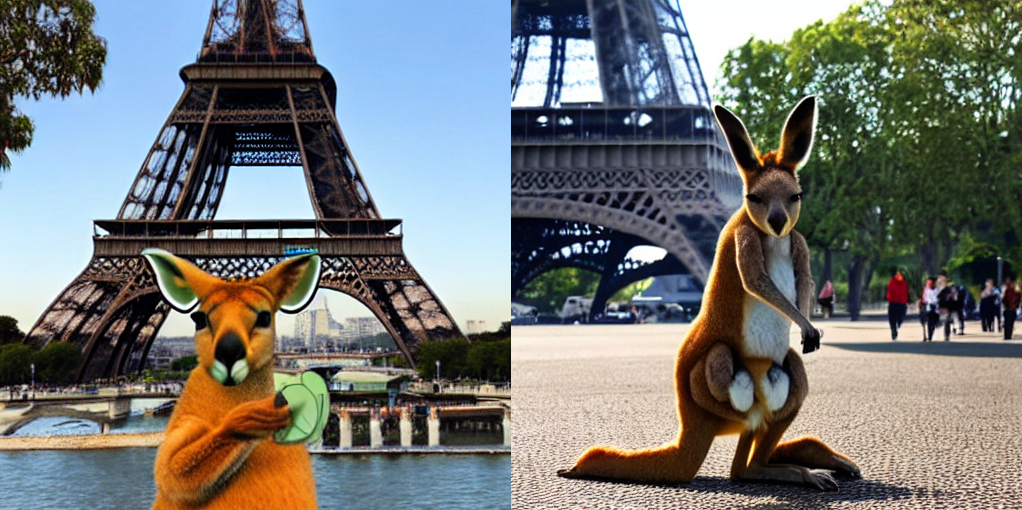 A kangaroo with an eye patch playing castanets in front of the Eiffel Tower