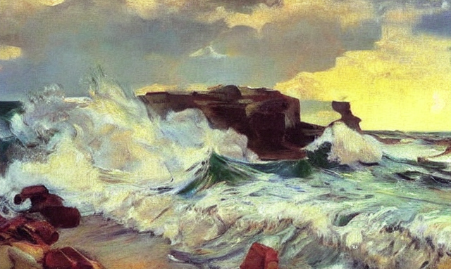 A beautiful painting of a tumultuous sea crashing against the cliffs by Joaquin Sorolla