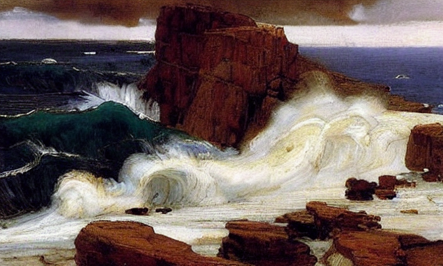 A beautiful painting of a tumultuous sea crashing against the cliffs by John William Waterhouse