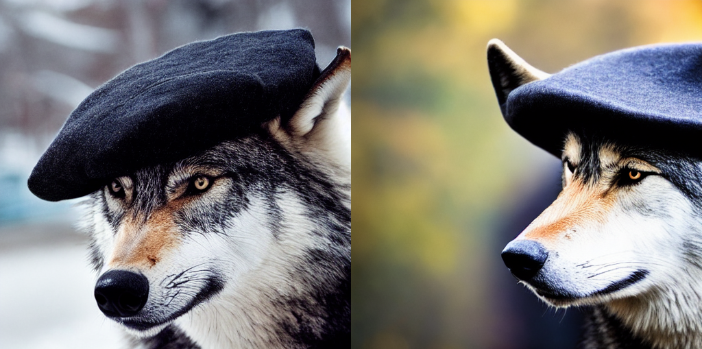 A high-quality photograph of a wolf wearing a beret and black turtleneck, 4k