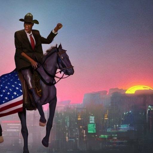 Obama dressed like a cowboy riding towards a cyberpunk sunset